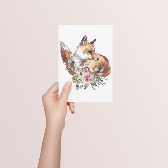 Watercolor Floral Red Fox Portrait Wall Art Illustration Print Poster Unframed - Picture 9 of 17